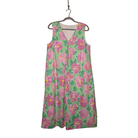 URBAN REVIVO $129 V-Neck Sleeveless Trapeze Midi Dress Pink‎ Floral Print US 10 - Picture 1 of 4